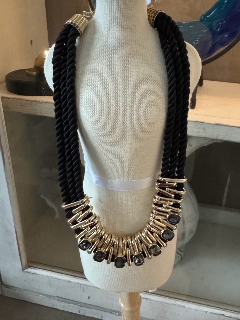 White House Black Market Bold Black Rope Necklace with Gold Accents